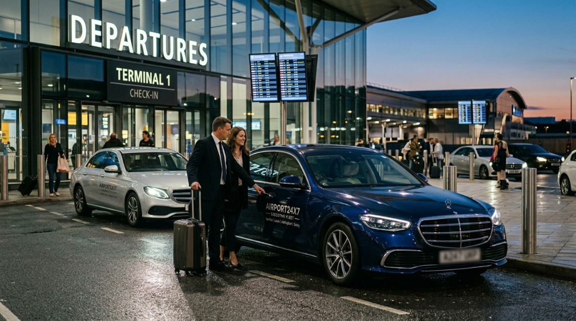 Chauffeur standing beside a luxury executive car