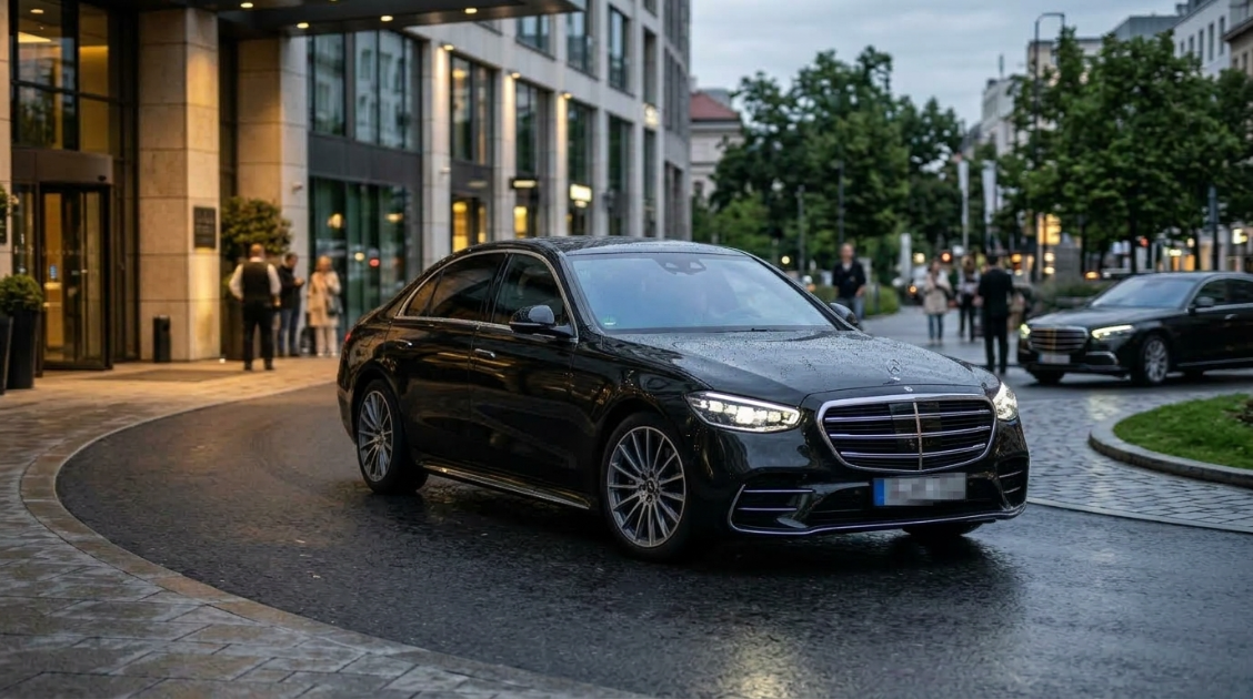 Executive black saloon car used for airport transfers